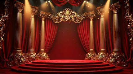 Ornate stage backdrop with rich red velvet curtains.