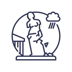 A broken statue under rain symbolizes cultural decay and neglect.