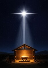 Christmas. Bethlehem night: star shines on the manger. Nativity scene. Christian religious illustration, background, banner