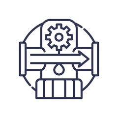 Illustration of a gear, pipe, and droplet symbolizing fluid control in industrial equipment.