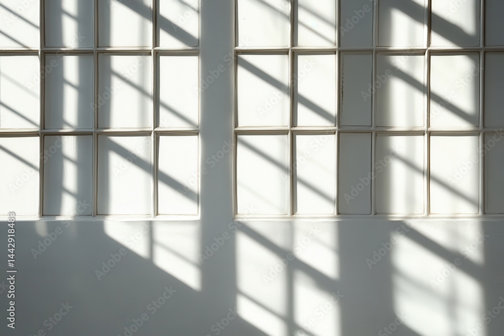 Poster sunlight streaming through a window casting shadows on a white wall in a minimalist setting