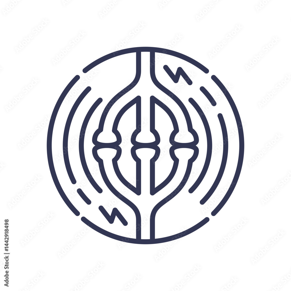 Poster stylized synapse illustration showing neuronal communication with signal waves.