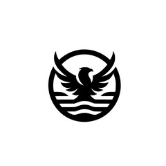 Obraz premium Minimalist Majestic Eagle or Phoenix Emblem Logo over Water in Circle - Black and White Vector Graphic