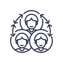 Three interconnected figures with arrows symbolize multi-agent collaboration and teamwork.