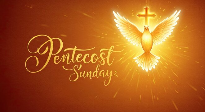Golden holy spirit pigeon and cross illustration on a vibrant gradient background celebrating a religious holiday, pentecost sunday concept card.