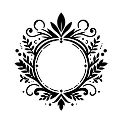 Elegant Black Floral Frame Illustration. Ornate Circular Wreath for Monogram, Logo, or Design Element. Classic Botanical Graphic.