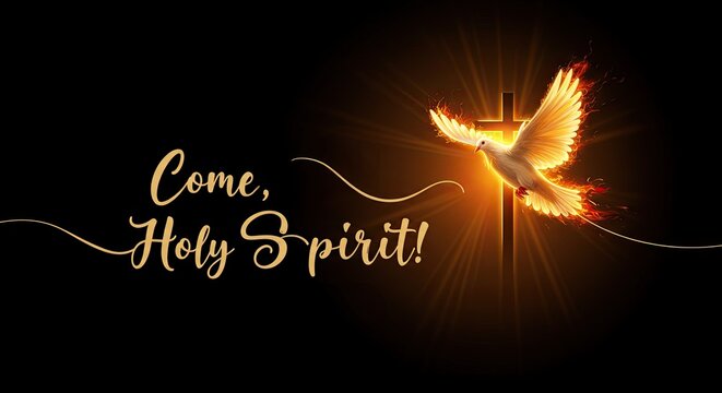 White dove bathed in light with golden fiery wings, stylized cross, and "Come, Holy Spirit!" text. Pentecost, day of the holy trinity, for catholic holiday concept.