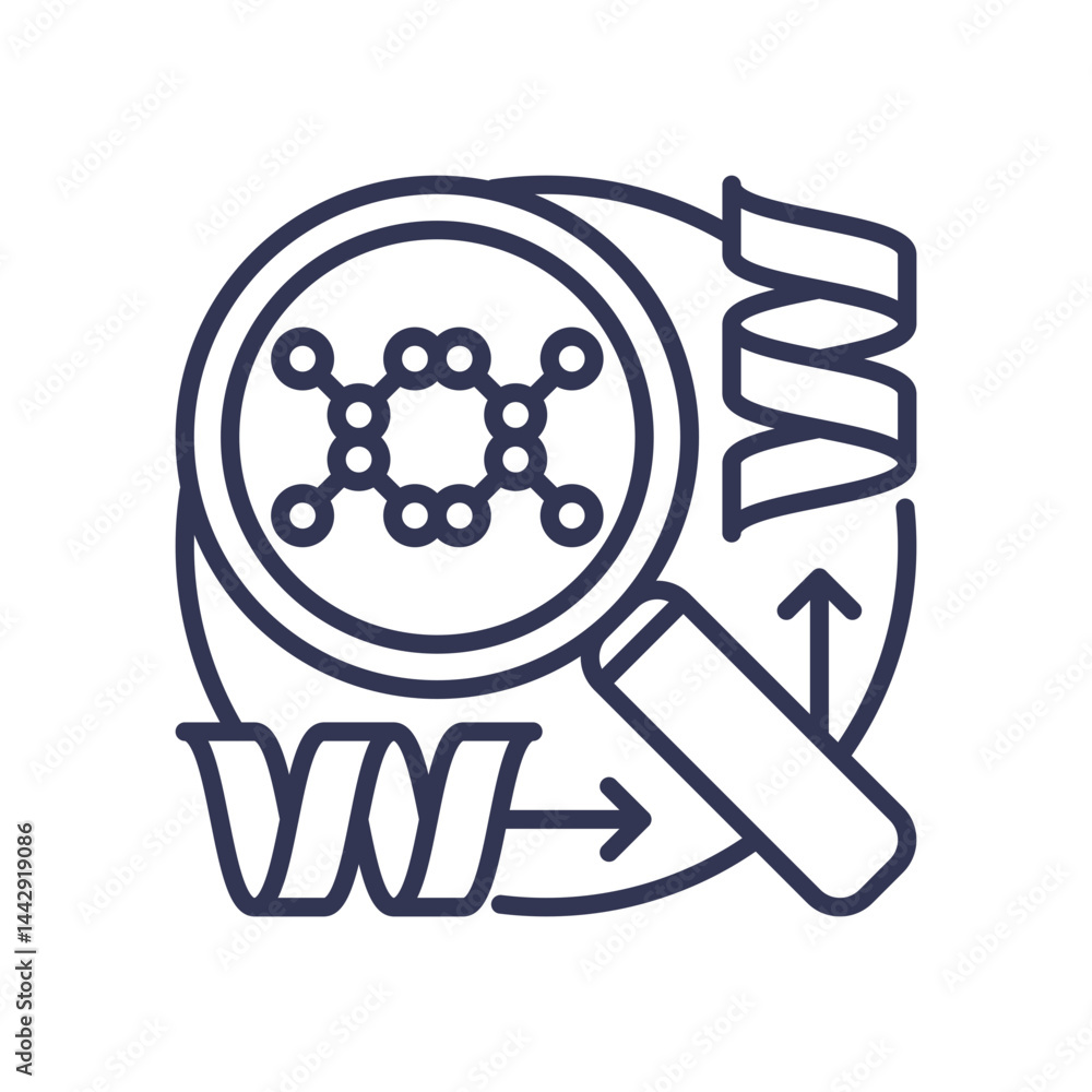 Aufkleber magnifying glass over molecular structure with arrows and helix, symbolizing structure analysis.