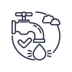 Illustration of a water tap with a droplet, checkmark, and clouds, symbolizing safe water supply.