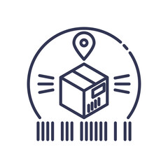 Illustration of a package with a location pin and barcode, symbolizing shipment tracking.