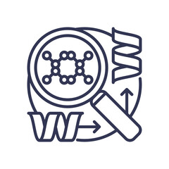 Magnifying glass over molecular structure with arrows and helix, symbolizing structure analysis.