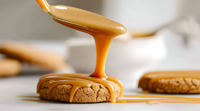 Caramel sauce is being poured over crumbly cookie, creating rich and indulgent dessert scene with warm and inviting atmosphere