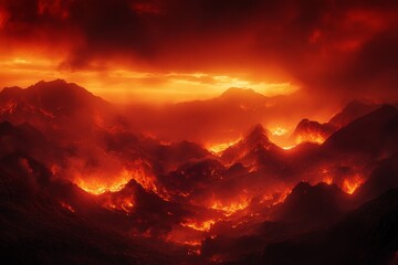 Fiery mountain range engulfed in volcanic flames.  Lava flows illuminate a landscape of fire and destruction