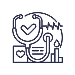 Stethoscope with checkmark, heart, and ECG line symbolizes accurate medical diagnosis.