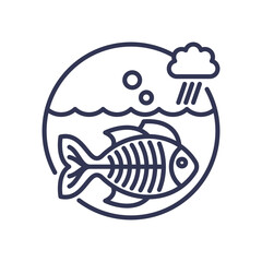 Fish skeleton under rain symbolizes aquatic pollution and life threat.