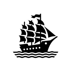 Classic Black and White Sailing Ship Icon Illustration - Minimalist Nautical Tall Ship Graphic Design Element on Waves