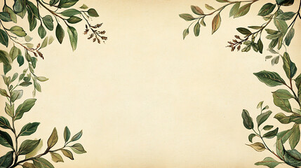 Vintage leaf border with green foliage and branches on beige background, creating natural and elegant frame with soft, artistic feel for invitations or certificates