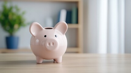 Cute pink piggy bank on wooden table with blurred background of room