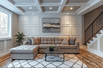 Fototapeta premium Modern basement with white wainscoting, diagonal pattern, accent wall, and grey couch. Captured in high resolution with a wide-angle lens in professional photography.