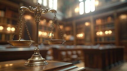 Ornate scales of justice in a grand courtroom setting.