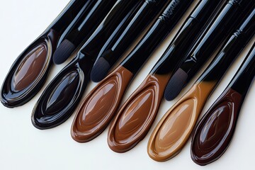 Makeup brushes with various shades of foundation  Different shades of foundation displayed on makeup brushes  High-quality makeup tools