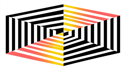 Impossible geometric shape with black and white stripes and gradient yellow to red lines creating optical illusion of depth and extension, evoking sense of visual intrigue and complexity