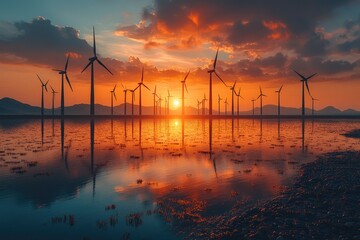 Silhouettes of wind turbines at sunset over a calm reflective water surface.
