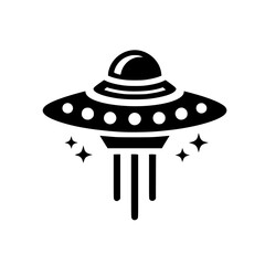 Minimalist Black UFO Flying Saucer Icon Graphic Taking Off with Light Beams and Stars on White Background