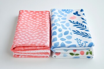 Two stacks of folded fabric napkins, one coral, the other blue, showcasing floral and leaf patterns