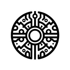 Obraz premium Geometric Abstract Circular Symbol Illustration. Intricate Techno-Tribal Emblem with Circuit Board Pattern. Black and White Graphic on White Background.