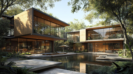 Obraz premium Modern sustainable architecture with large glass windows and lush greenery