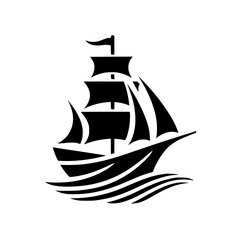 Black Silhouette Sailing Ship on Waves - Classic Nautical Icon Graphic