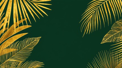 Gold palm leaves frame on dark green background.