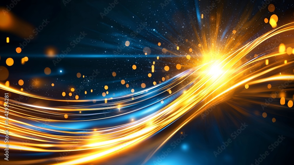 Poster vibrant abstract background with flowing gold lines and a burst of light in center