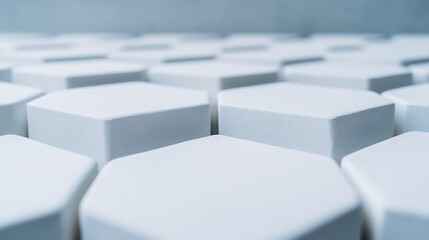 Fototapeta premium Hexagonal white blocks with smooth surfaces create modern geometric pattern, evoking calm and minimalist atmosphere in this close up abstract composition