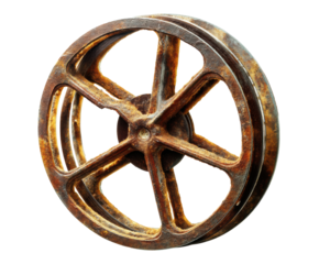 Rustic vintage metal pulley for industrial decor on a transparent background, cut out