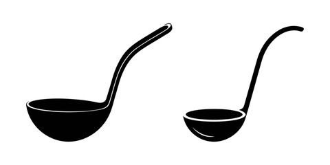 Scooper Icon on Black and White Vector Backgrounds, Kitchen ladle icons set in black filled and stroke line style, Set of Black Silhouette Ladles - Kitchen Utensil Vector Icons, Ladle Icons set Flat.