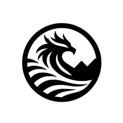 Stylized Dragon Logo Icon with Waves and Mountain - Black and White Mythical Beast Emblem in Circle