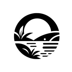 Minimalist Nature Landscape Circle Icon - Stylized Sunrise Sunset Water Hill Plants - Simple Black & White Silhouette Logo