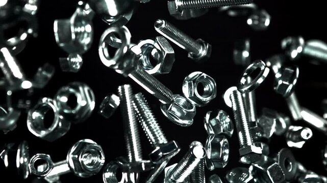 A variety of fasteners fly up and down. Filmed on a high-speed camera at 1000 fps. High quality FullHD footage