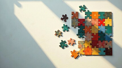 Sunlit Wooden Jigsaw Puzzle Pieces on a White Surface, Some Separated, Illustrating the Concept of Problem Solving and Teamwork