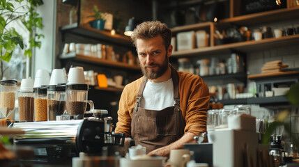 Fototapeta premium Portrait of a Bearded Barista in a Coffee Shop