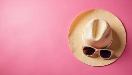 Pink backdrop, stylish sun hat and shades Summer vibe , photography, flat lay