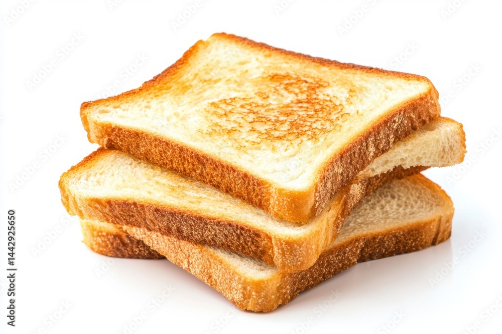 Poster a stack of three slices of toasted white bread on a plain white surface in a studio setting