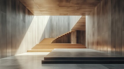 Minimalist wooden staircase in sunlit modern interior architecture space