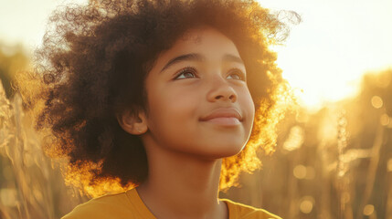Fototapeta premium Portrait of a Happy Girl in a Golden Wheat Field at Sunset