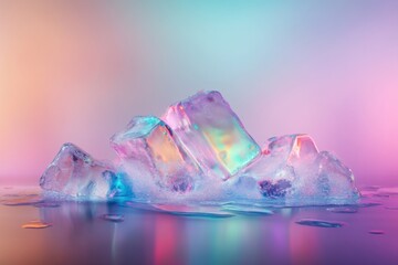 Neon-lit ice sculpture in surreal color palette, reflective surfaces and frosty texture