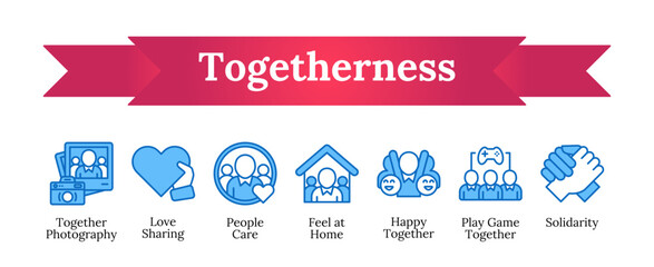 Togetherness - Photography, love sharing, people care, feel at home, happy together, play game together, solidarity vector icon sheet collection blue fill outline
