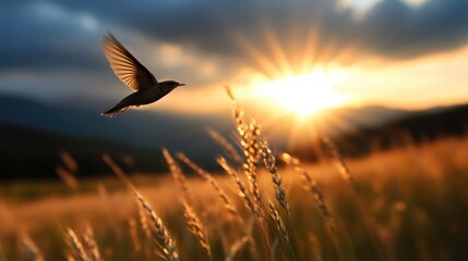 Fototapeta premium A small bird flies gracefully over a golden wheat field during a dramatic sunset with sunbeams breaking through the clouds.