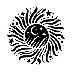 Obraz premium Stylized Celestial Sunburst with Crescent Moon and Stars Graphic Illustration